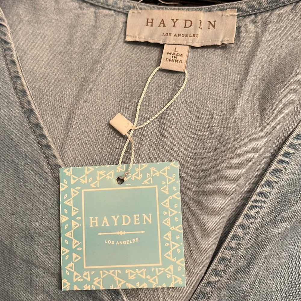 NWT Hayden Women’s‎ Denim Romper Sz Large Ruffles Surplice Top Elastic Waist
